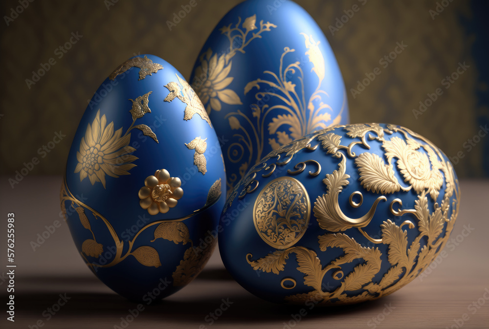 Decorated Easter eggs in blue and gold. Generative AI Decorated Easter eggs in blue and gold. Generative AI