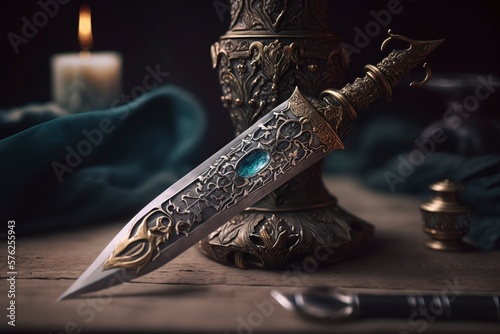 ampire ritual dagger, Necronomicon dagger, Dagger of black magic on a wooden table , creative ai photo