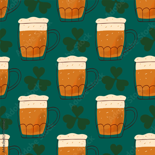 Seamless pattern with illustration stylized mug of beer on green background for St.Patrick holiday