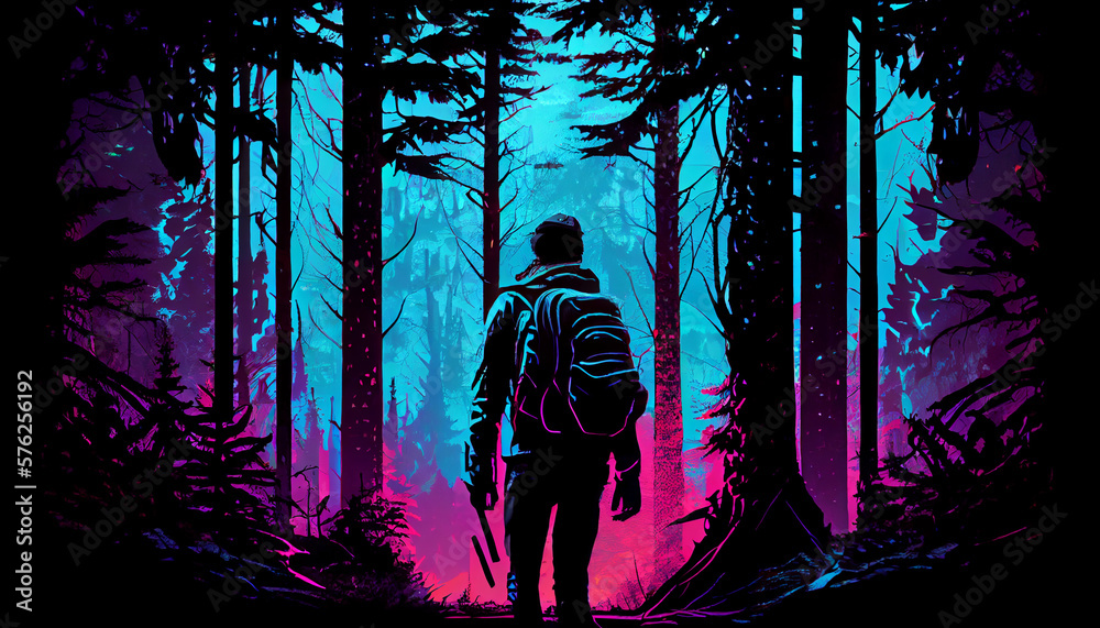 a traveler person in the dark forest 