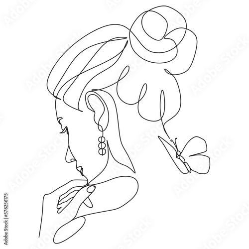 Woman face with butterfly. Line art female hands with butterflies. Abstract face with butterfly by one line drawing
