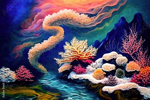Corals with light reflection background wallpaper created with Generative AI technology