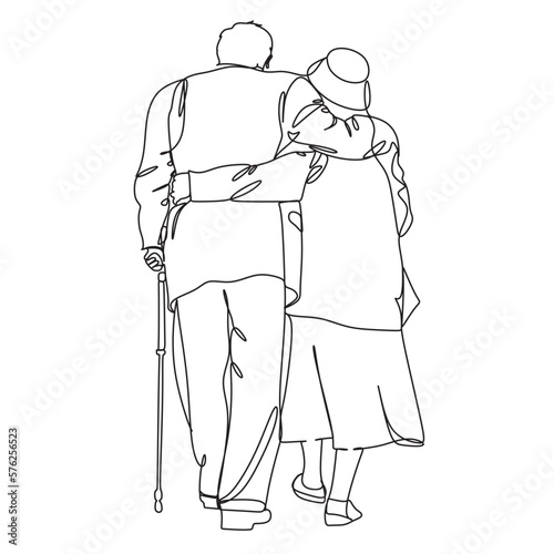Elderly man and woman with stick. Continuous one line drawing. Vector illustration.
