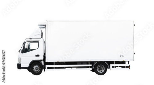 Delivery white van or truck with space for text isolated over white background. PNG photo