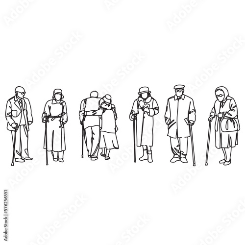 Elderly man and woman with stick. Continuous one line drawing. Vector illustration.