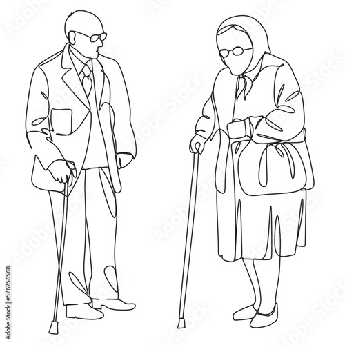 Elderly man and woman with stick. Continuous one line drawing. Vector illustration.