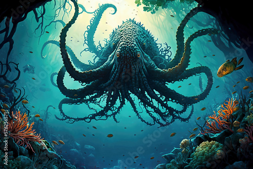 Kraken monster in deep ocean art design created with Generative AI technology