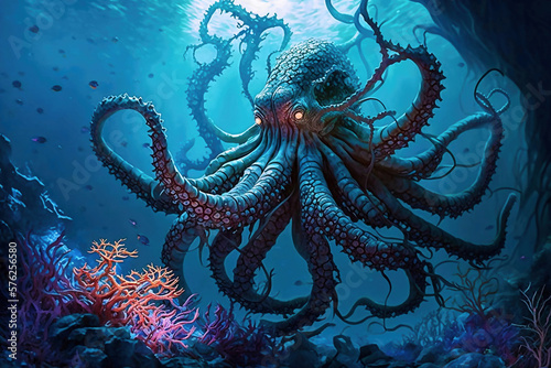 Kraken monster in deep ocean art screen background created with Generative AI technology