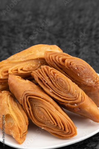 Indian Madatha Thumb Khaja Also Called Gottam Kaja, Badusha, Chirote, Kakinada Kaaja Is Traditional Layered Sweet Puff Pastry Famous In Andhra, Bengal, Gujrat, Bihar, Agra, Odisha, Orrisa In India
