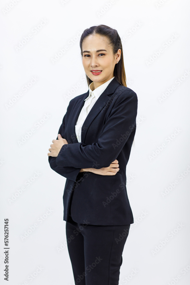 Portrait isolated cutout studio shot of Millennial Asian professional successful female businesswoman lawyer ceo in formal business suit holding hands crossed arms on white background Portrait isolated cutout studio shot of Millennial Asian professional successful female businesswoman lawyer ceo in formal business suit holding hands crossed arms on white background