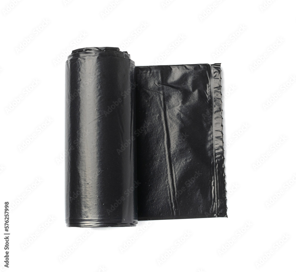 Garbage Bag Roll Isolated. Trash Package, New Rolled Plastic Bin Bags, Black Polyethylene Waste Container Garbage Bag Roll Isolated. Trash Package, New Rolled Plastic Bin Bags, Black Polyethylene Waste Container