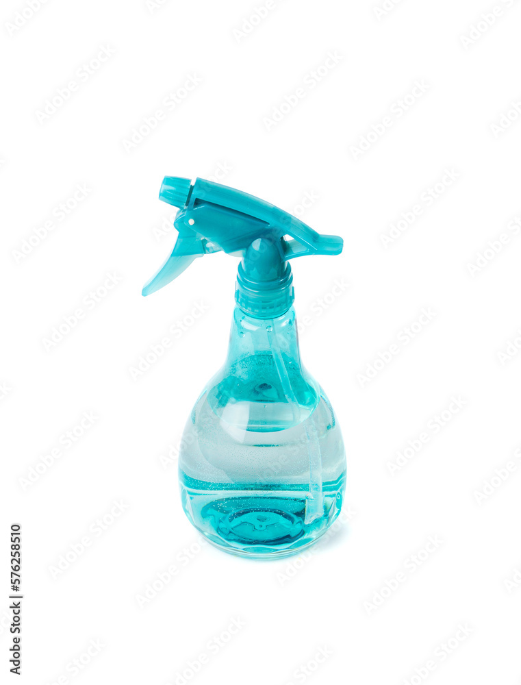 Spray Bottle Isolated, Blue Sprayer with Water, Mini Flower Spray Gun, Plastic Pulverizer on White Background Spray Bottle Isolated, Blue Sprayer with Water, Mini Flower Spray Gun, Plastic Pulverizer on White Background