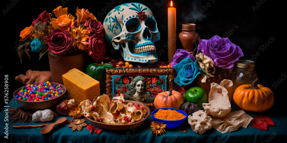 Vibrant Colorful Still Life of Decorated Skulls with Pumpkins, Candles and Traditional Mexican Decor Celebrating Day of the Dead - Dia de Muertos