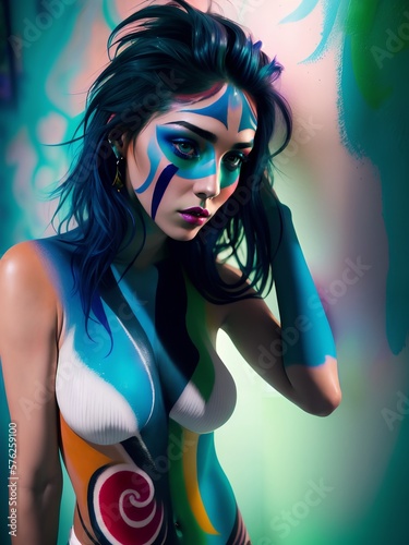 Woman with colorful body paint posing for a picture, fresh rainbow body painting, vibrant body painting. Generative AI photo