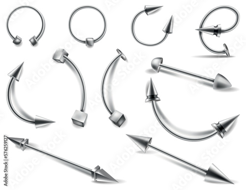 Piercing jewelery icon set. Body different metallic accessories. Beauty decoration, earrings. Modern curve, ball, cones and circle shapes design. Vector illustration on white background