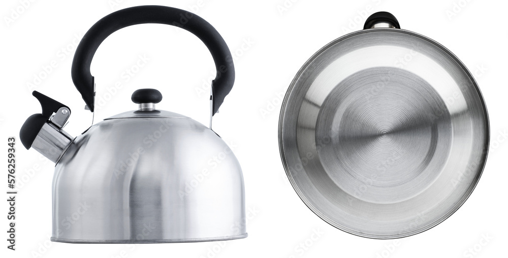 metal chrome kettle for a gas stove in different angles on a