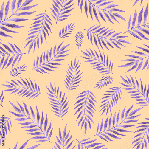 Watercolor seamless pattern with palm leaves. Beautiful allover tropical print with hand drawn exotic plants. Swimwear botanical design. 