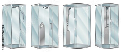 Shower cabins set. Elegant bathroom elements for bath room interior. Realistic vector cabins with transparent glass doors and modern shower system