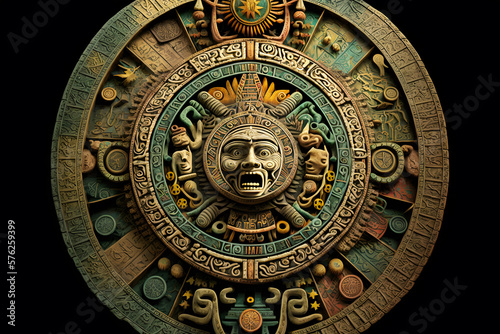 Close view of the ancient Aztec mayan calendar with round pattern and relief on stone surface. Neural network AI generated art photo
