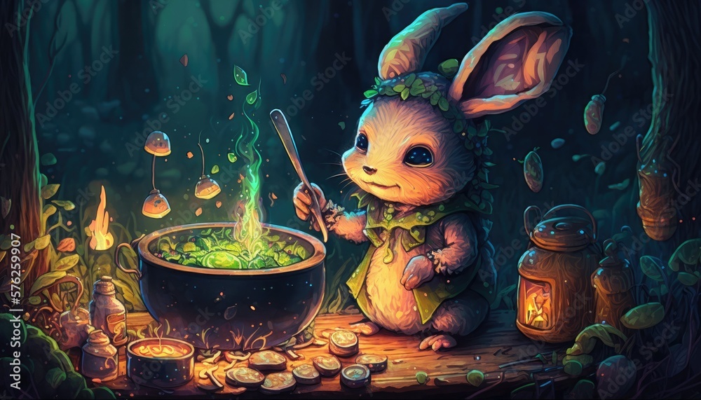 Cute little rabbit troll preparing a meal for her forest friends ...