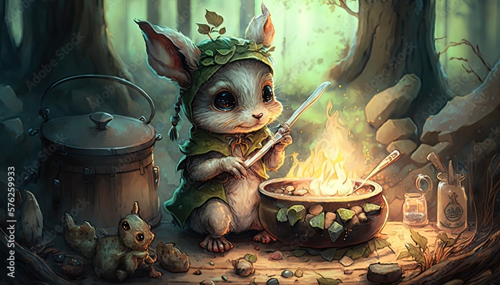 Cute little rabbit troll preparing a meal for her forest friends ...