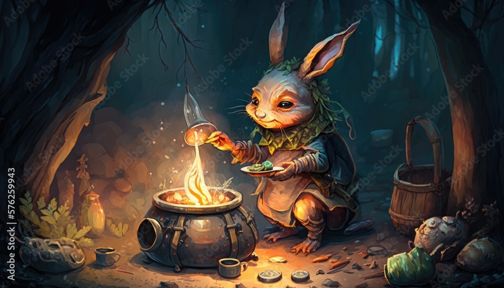 Cute little rabbit troll preparing a meal for her forest friends ...
