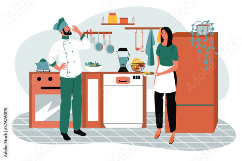 Kitchen green orange concept with people scene in the flat cartoon style. Kitchen worker watches the cook prepare the dishes. Vector illustration.