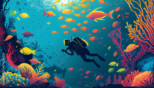 Colorful coral reefs and various fish with the silhouette of a diver against a background of blue sea and sunlight entering the sea