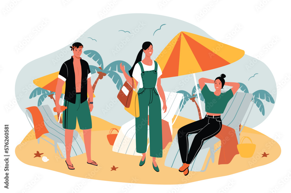 Travel green orange concept with people scene in the flat cartoon design. Group of friends went to the beach together to have fun. Vector illustration.