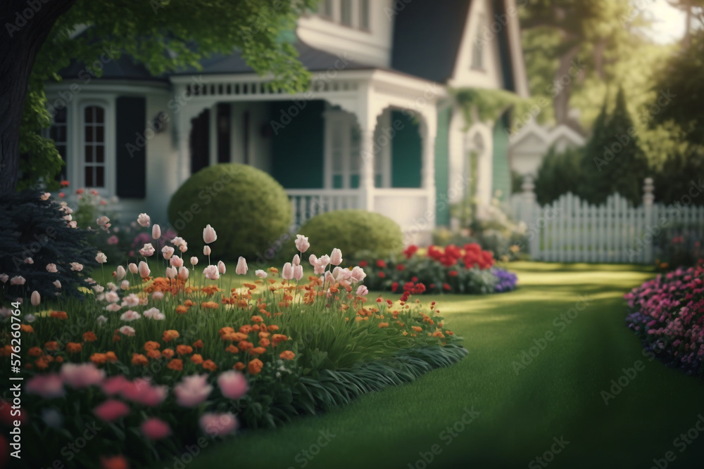 blooming flowers on the porch house Generative AI