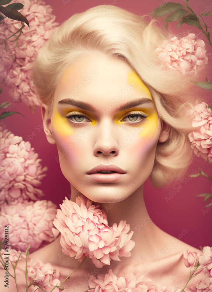 spring glam beauty portrait of a young woman, Generative AI