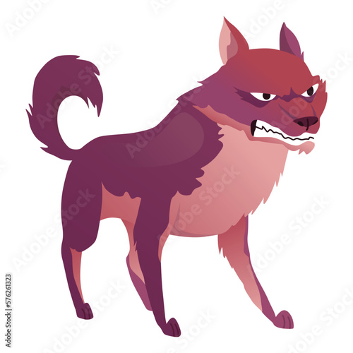 Angry dog. Mad animal with sharp teeth. Dangerous cartoon pet. Vector dog in action poses standing. Aggressive pooch isolated on white background