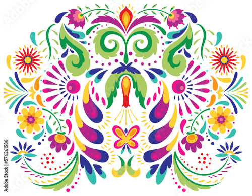 Mexican flower traditional pattern background. Ethnic embroidery decoration ornament. Flower symmetry texture. Ornate folk graphic, wallpaper. Festive mexican floral motif. Vector illustration