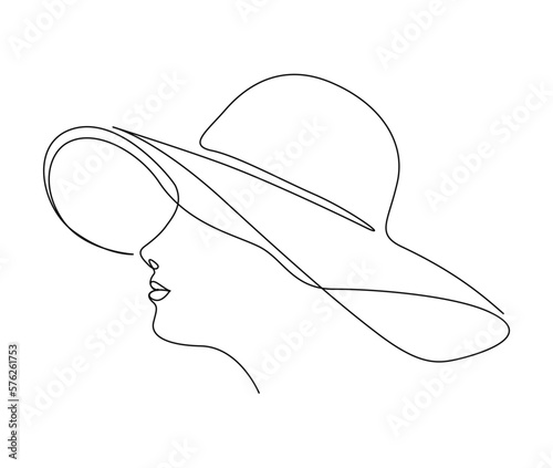 Continuous one line drawing of beautiful woman wearing sun hat. Simple linear beauty lady face and summer hat  line art vector illustration.  