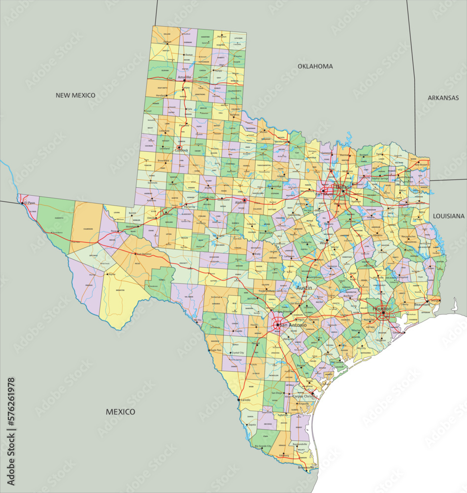 Texas - Highly detailed editable political map with labeling. Stock ...