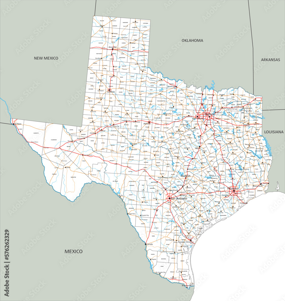 High detailed Texas road map with labeling. Stock Vector | Adobe Stock