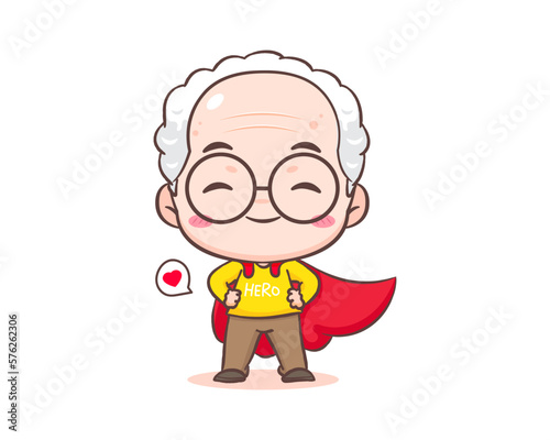Cute grandfather or old man cartoon character. Super hero grandpa with red cloak hand at waist. Kawaii chibi hand drawn style. Adorable mascot vector illustration. People Family Concept design