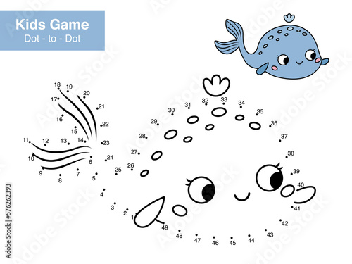 Dot to dot game. Cute cartoon whale. Sea animals. Learn numbers. Educational puzzle. Printable activity page for children. Connect the dots and color. Vector illustration.