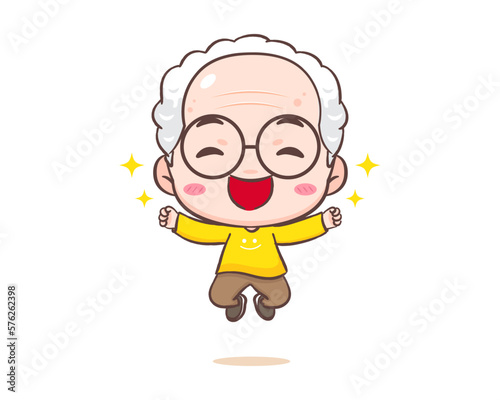 Cute grandfather or old man cartoon character. Happy Grandpa jumping. Kawaii chibi hand drawn style. Adorable mascot vector illustration. People Family Concept design
