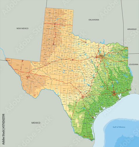 High detailed Texas physical map with labeling.