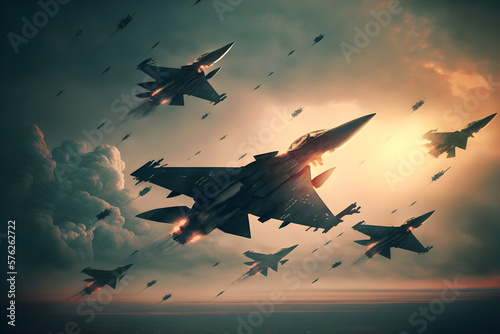 Photo Formation of destroyer jets float in sky during aviation battle
