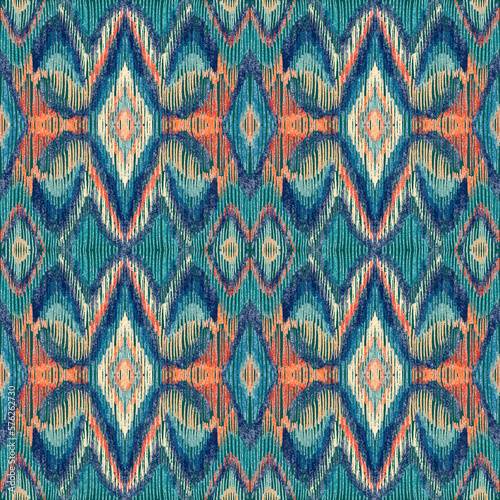 Colorful ikat pattern in vintage style. Elegant ethnic background. Hand drawn oriental art. Seamless geometric vintage texture.	 photo