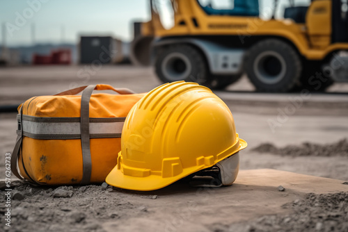 construction site suitcase with tools and yellow construction helmet Generative AI