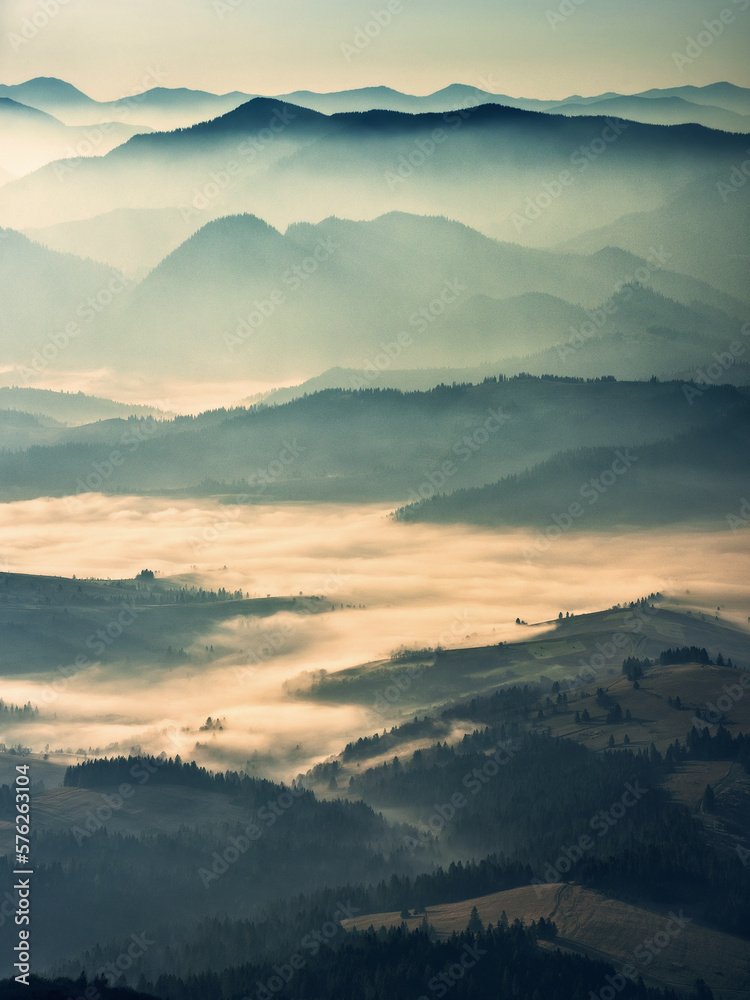 Mountain silhouettes in the fog. Graphic landscape on the theme of mountains