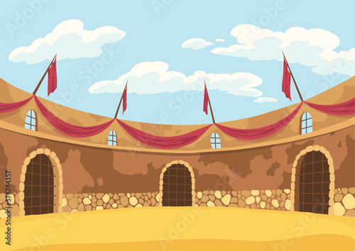 Gladiator fighting. Empty battle arena. Ancient history combat show for audience. Vector isolated illustration