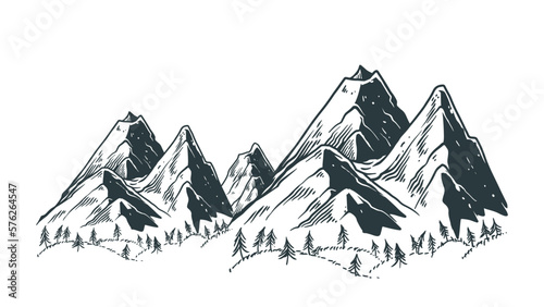 Mountain landscape Hand drawn vector illustration, sketch natural drawing vintage style Handdrawn rocky peaks monochrome colors.