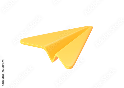 3d render message icon - origami digital illustration, internet communication fly symbol. Yellow paper plane concept