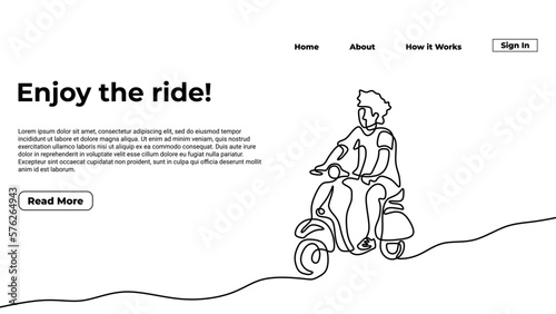 A man ride a scooter one line drawing, landing page design enjoy the ride. Vector illustration minimalist of young people with motorcycle vehicle, hobby and leisure activity theme.