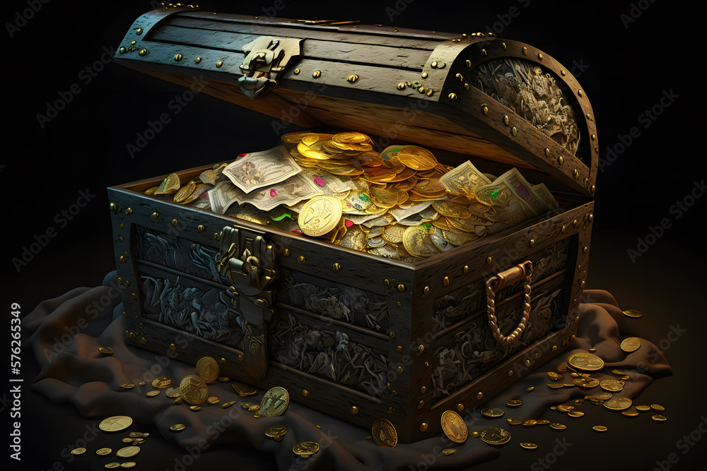 Open treasure chest filled with gold coins and expensive pirates loot ...
