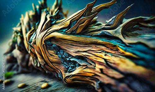 The rough, earthy surface of a piece of driftwood, bearing the scars of its journey across the sea